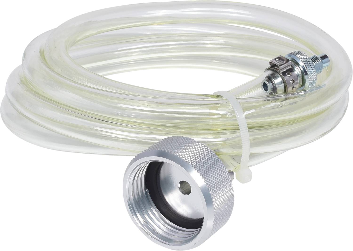 Egy átlátszó műanyag tömlő fémzárral mindkét végén, amely alkalmas lehet nyomott levegő vagy folyadékok szállítására.