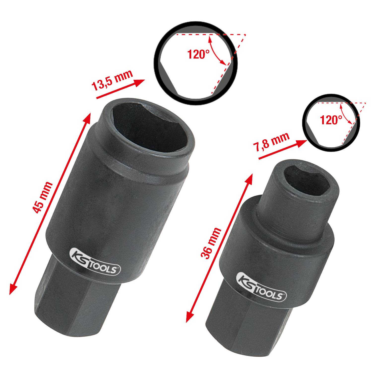 Két fekete dugókulcs betét 120°-os szögekkel. Az egyik 45 mm hosszú, 13,5 mm-es hatszögletű, a másik 36 mm hosszú, 7,8 mm-es hatszögletű.
