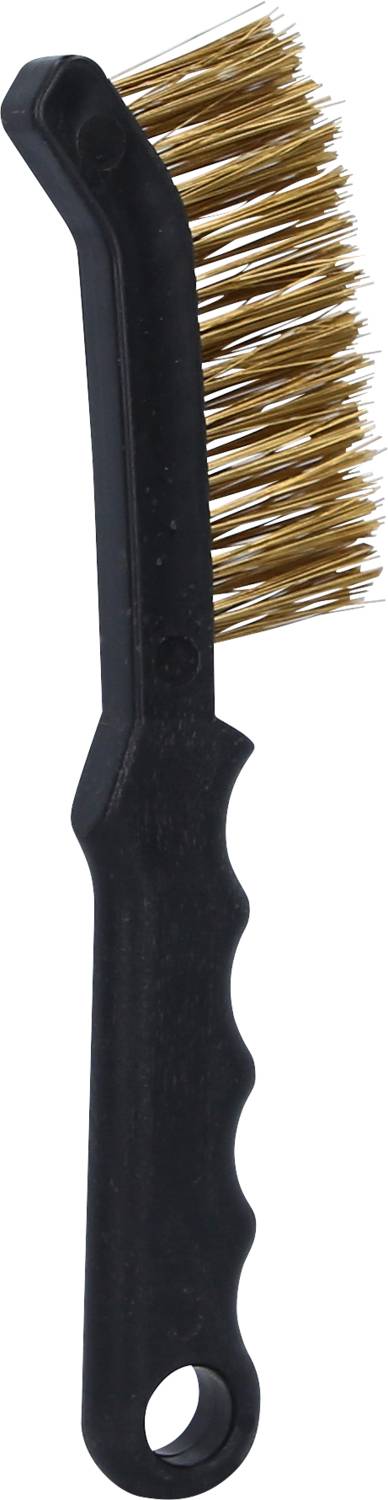 Kis méretű drótecset fekete műanyag nyéllel és sárgaréz sörtékkel, kiváló eszköz nehezen hozzáférhető helyek tisztítására.