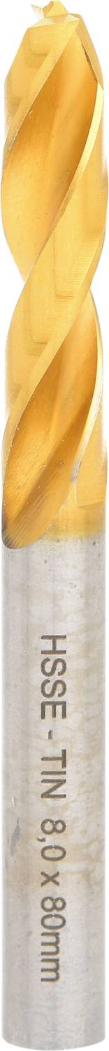 Egy spirálmintás arany fúrófej ezüstös fémszárral. A szárán 'HSS-E TIN 6.0 x 30 mm' felirat olvasható.