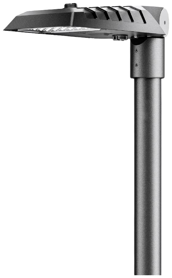 Modern utcai lámpa sötét burkolattal és LED-világítással keskeny, hengeres oszlopon.