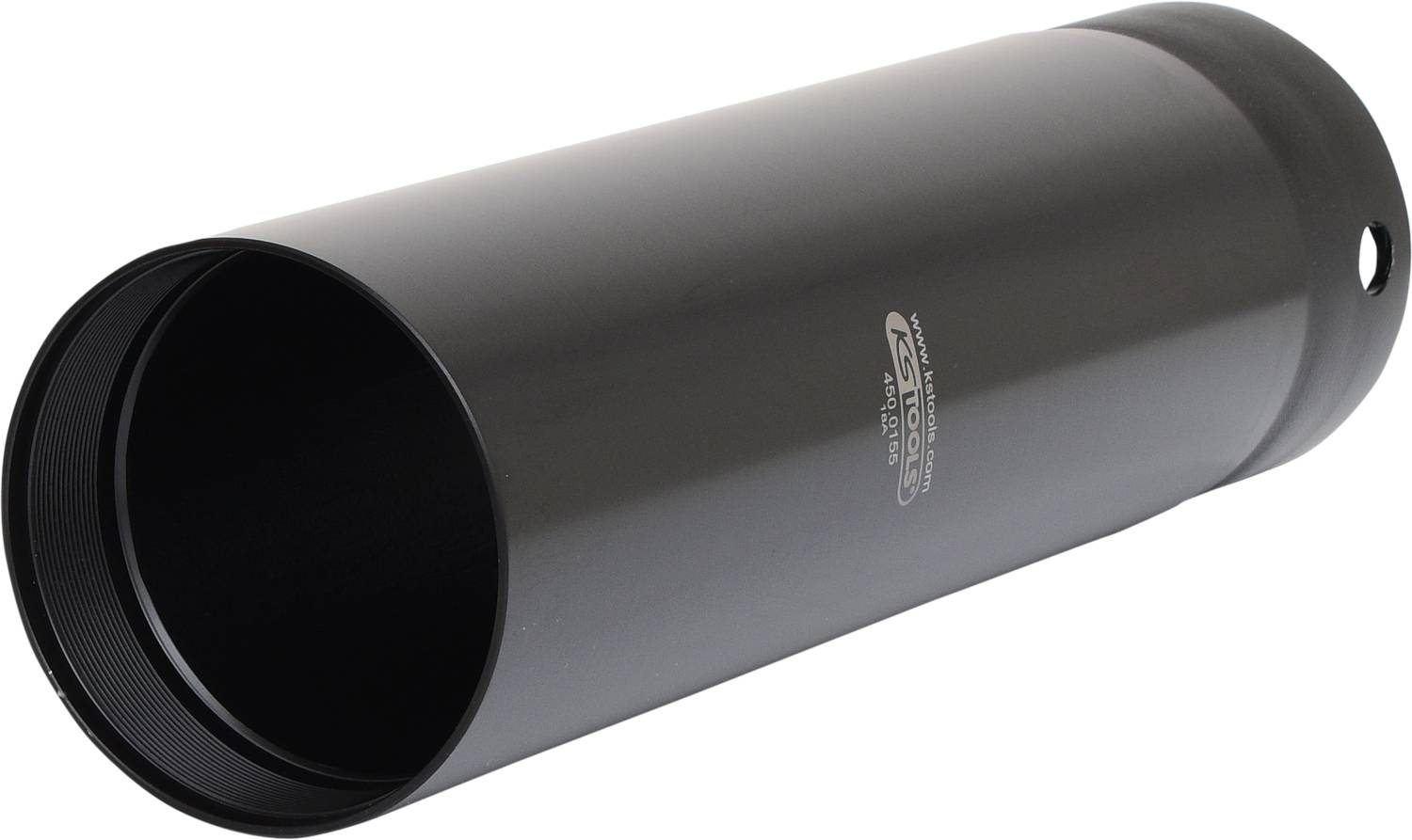 Fekete hengeres hangtompító sima felülettel. A műszaki részletek nyomtatva vannak az oldalán.