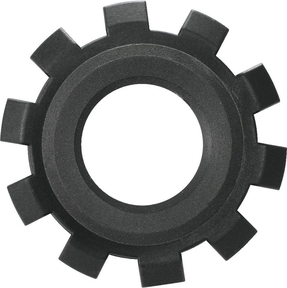 Egy fekete fogaskerék tizenkét vastag, egyenletesen elosztott foggal kör alakot alkot.