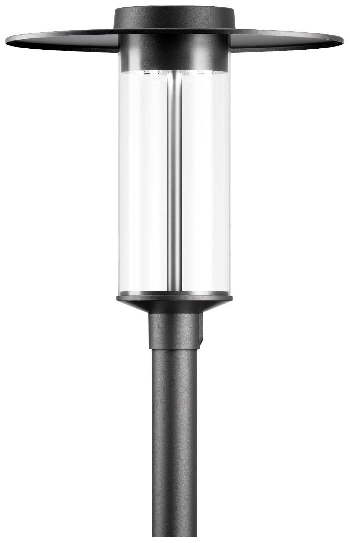 Egy modern fekete kerti lámpa henger alakú, átlátszó ernyővel, magas és karcsú oszlopon.