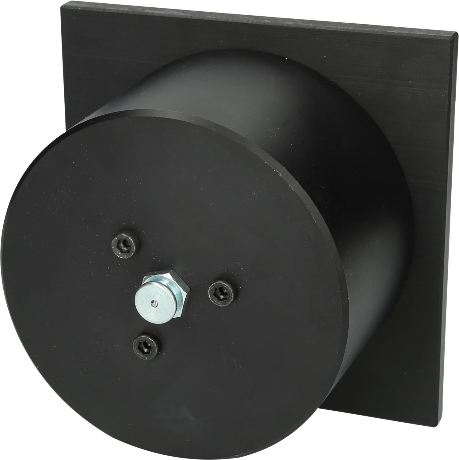 Egy fekete fémütköző kerek és négyzet alakú lemezzel, amelyet egy központi csavar rögzít.