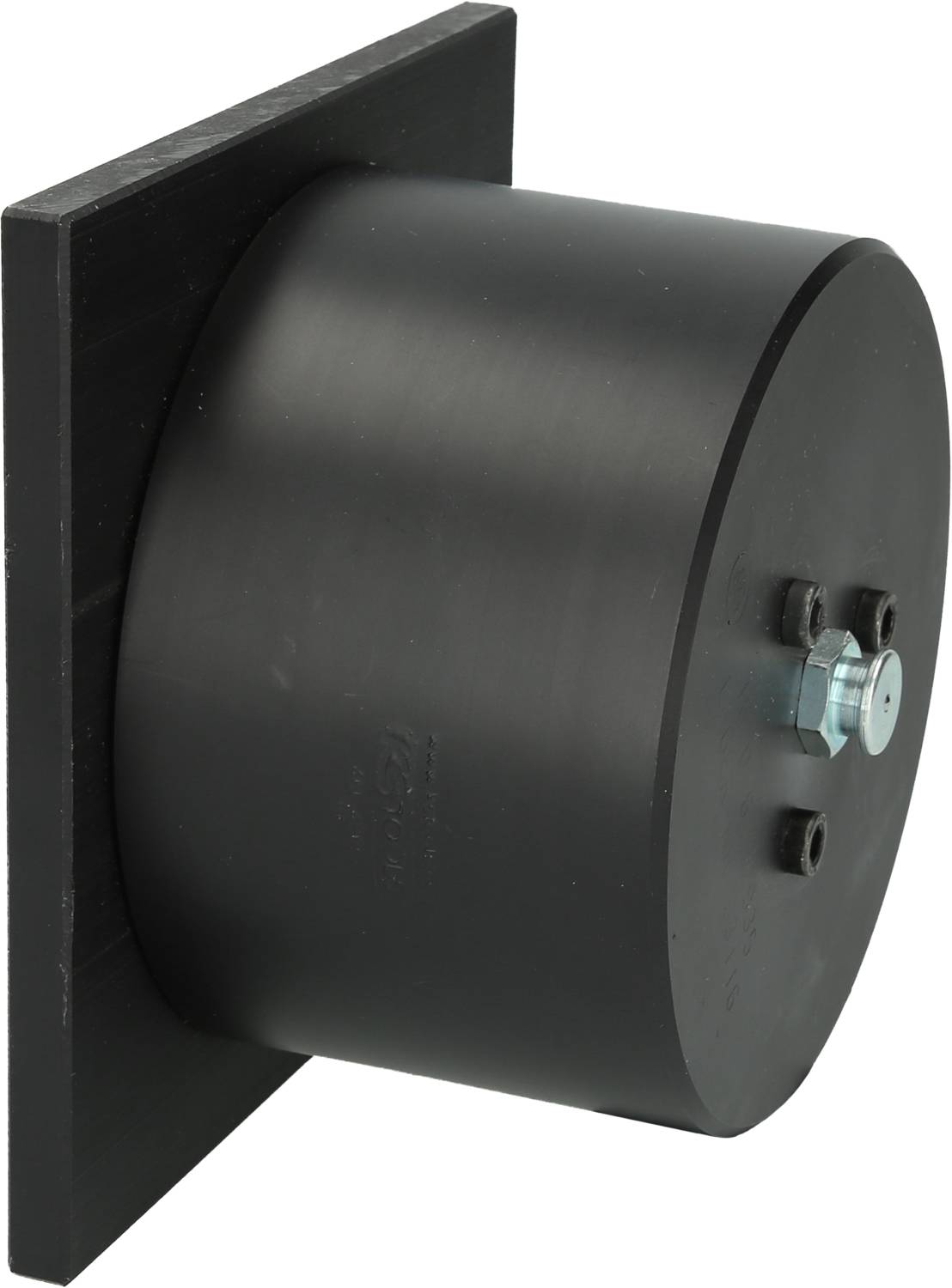 Fekete hengeres gumipuffer négyzet alakú alaplemezre szerelve, ipari alkalmazásokban történő ütéscsillapításra használva.