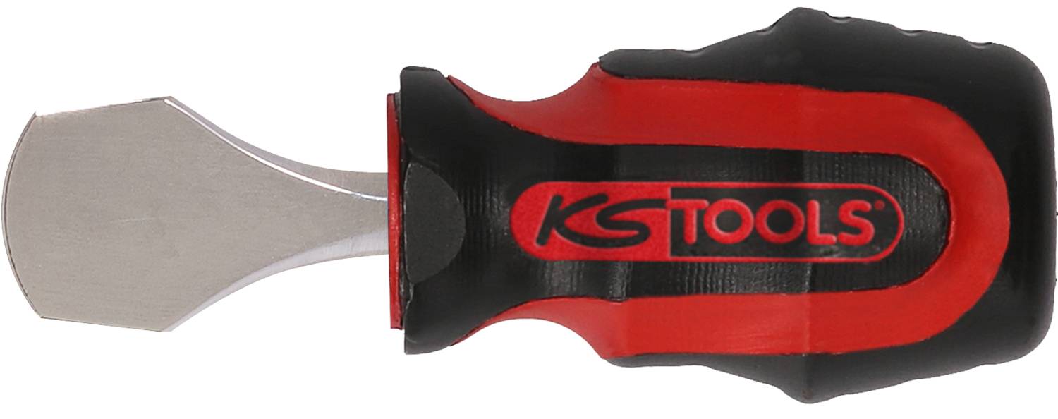Egy kompakt csavarhúzómarkolat lapos fémpengevégzakkel, piros és fekete gumitapadású markolattal, 'KS Tools' jelöléssel ellátva.