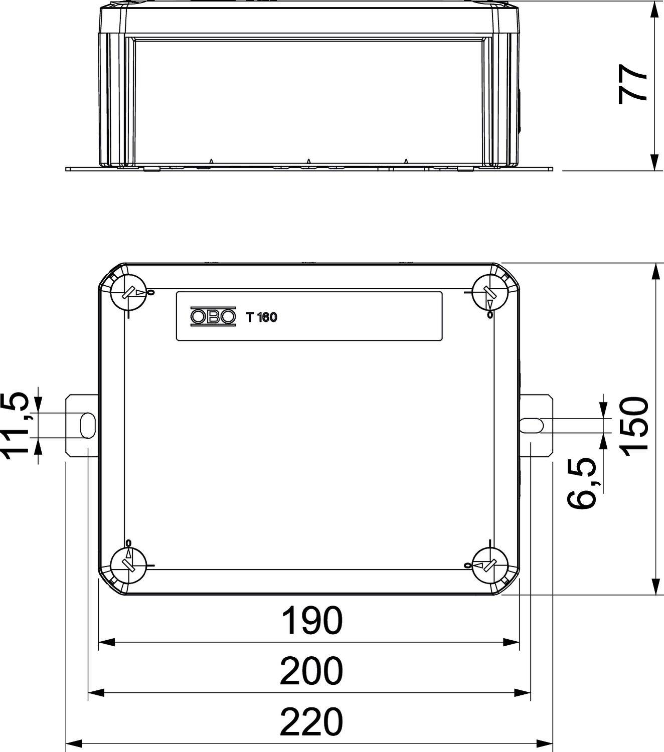 Egy műszaki diagram egy téglalap alakú ház méreteit mutatja: szélesség alul 220 mm, magasság 77 mm, mélység 150 mm.