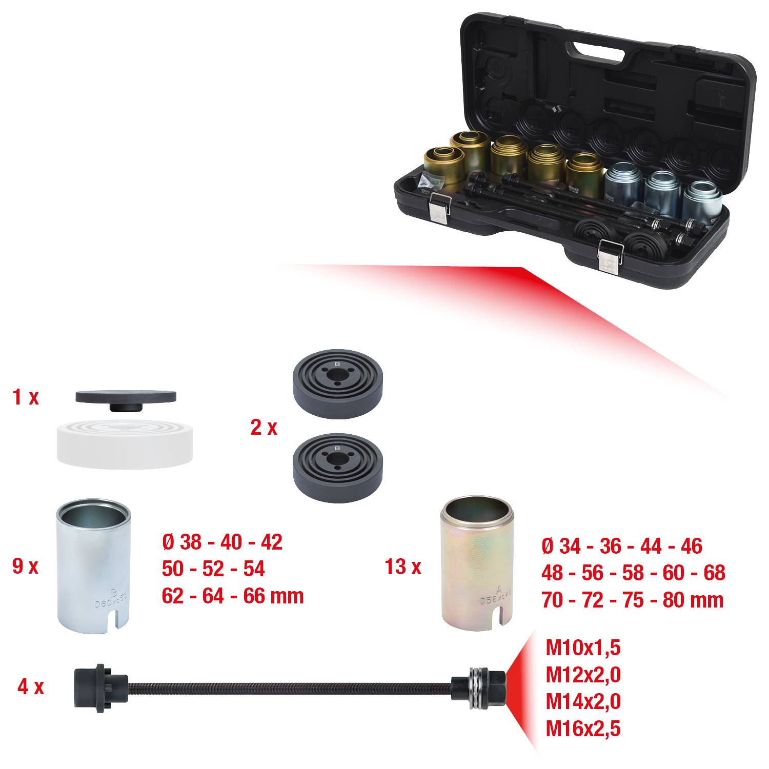 Szerszámkészlet különböző betétekkel és kofferekkel. Mérettartomány: 38-80 mm és menetméretek: M10-M16. Egyedi alkatrészek és kombinációs lehetőségek feltüntetve.