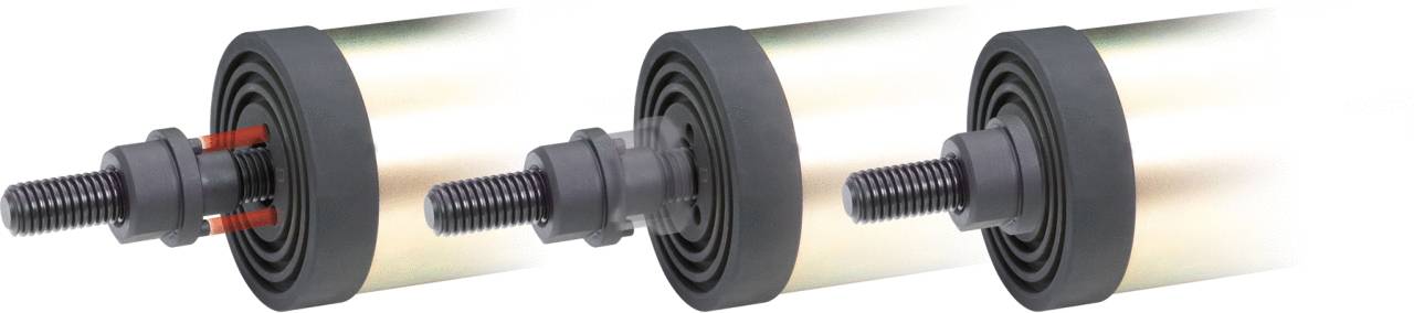 Három hengeres tárgy menettel a végein, balról jobbra elrendezve. Mindegyik eltérő kivitelezésű.