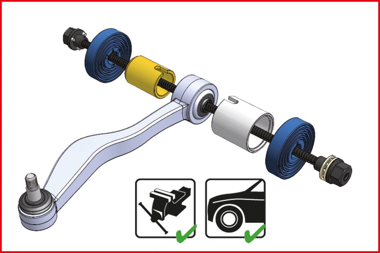 Egy gépjármű futóműalkatrész robbantott ábrázolása helyes szerelési útmutatóval. Bemutatja az alkatrészeket sorrendben, szerelési útmutatásokkal.