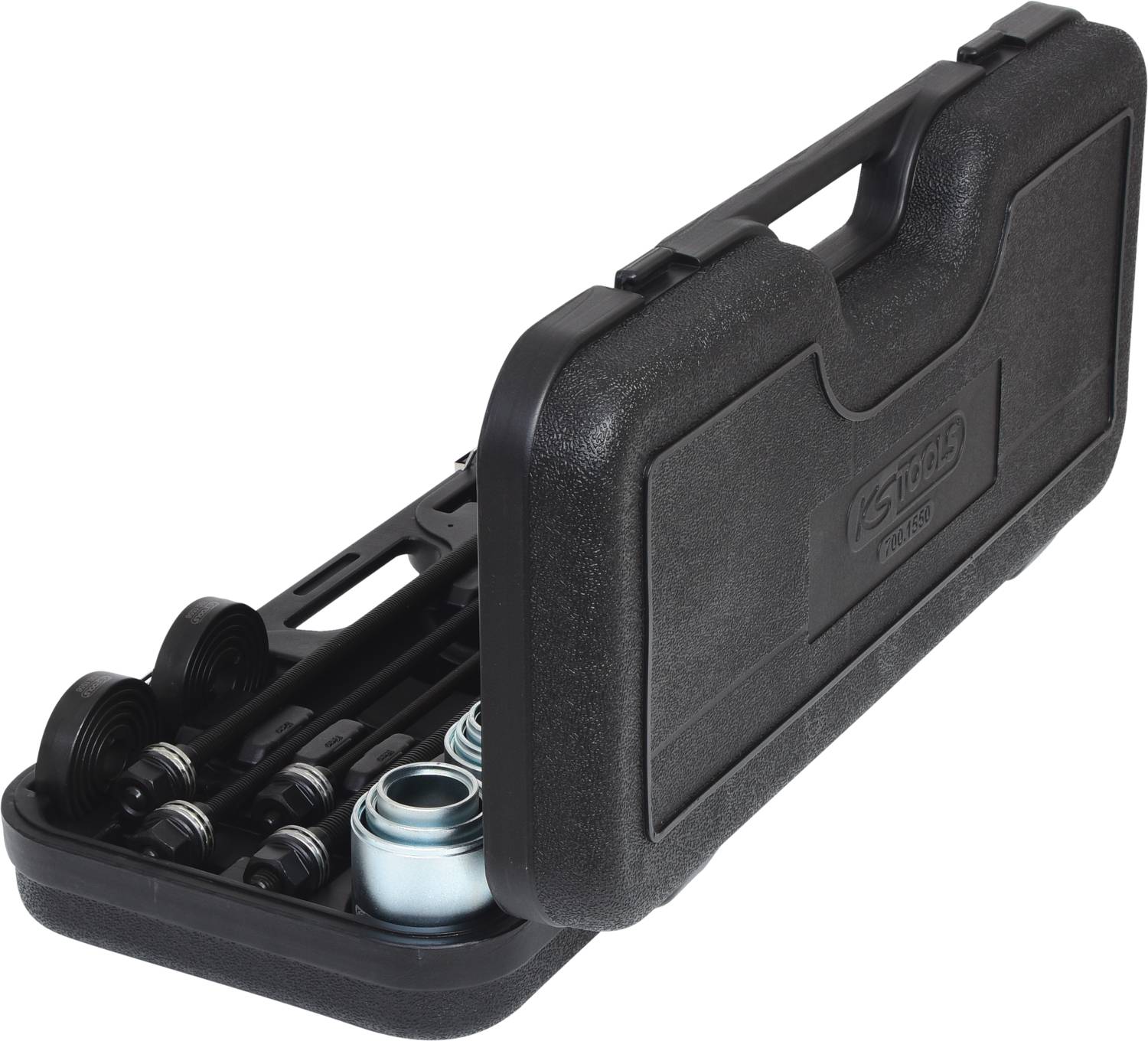 Fekete műanyag szerszámkoffer különböző szerszámokkal és adapterekkel, mechanikai alkatrészek tárolására és szállítására alkalmas.