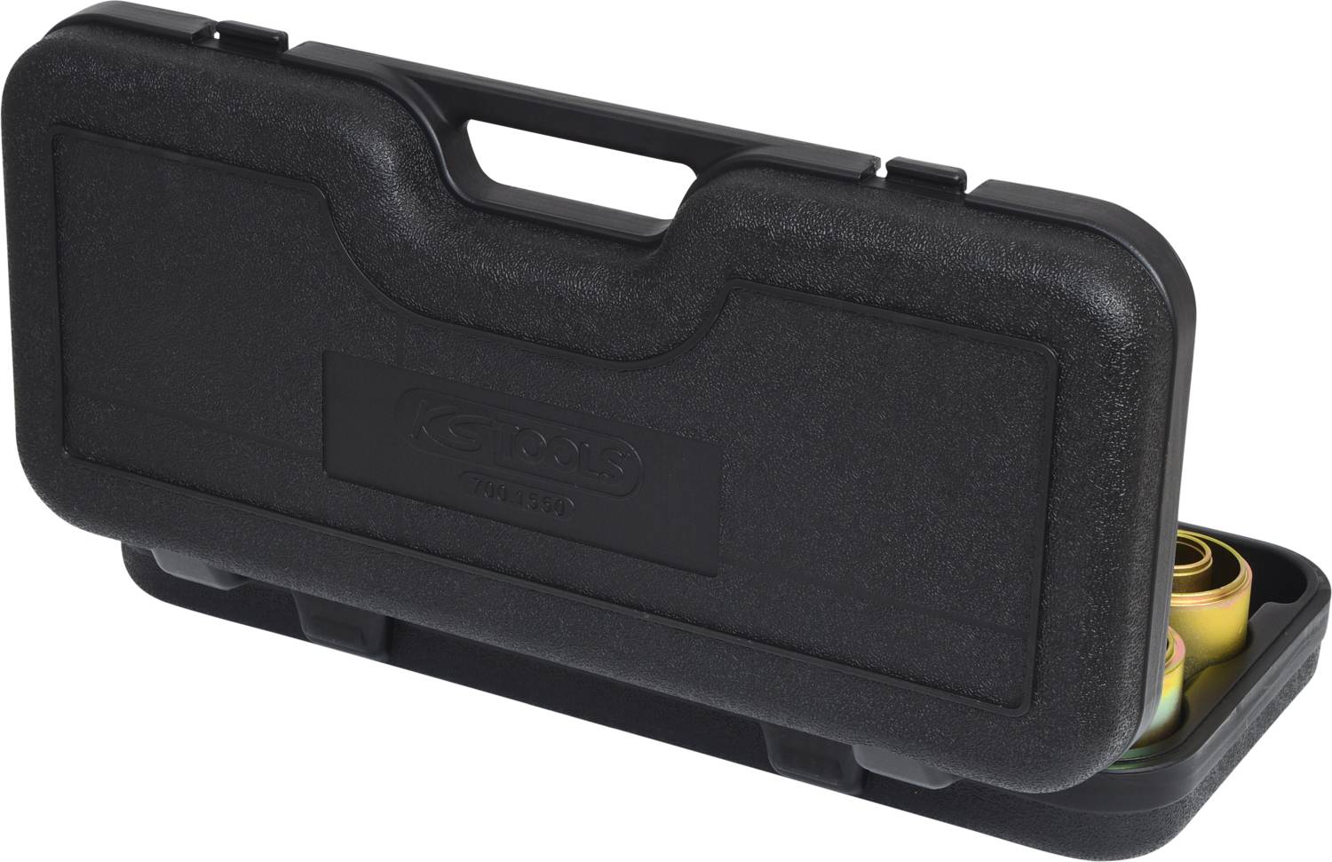 Fekete szerszámosláda félig nyitott tetővel, fémszerszámok kissé láthatóak belülről.