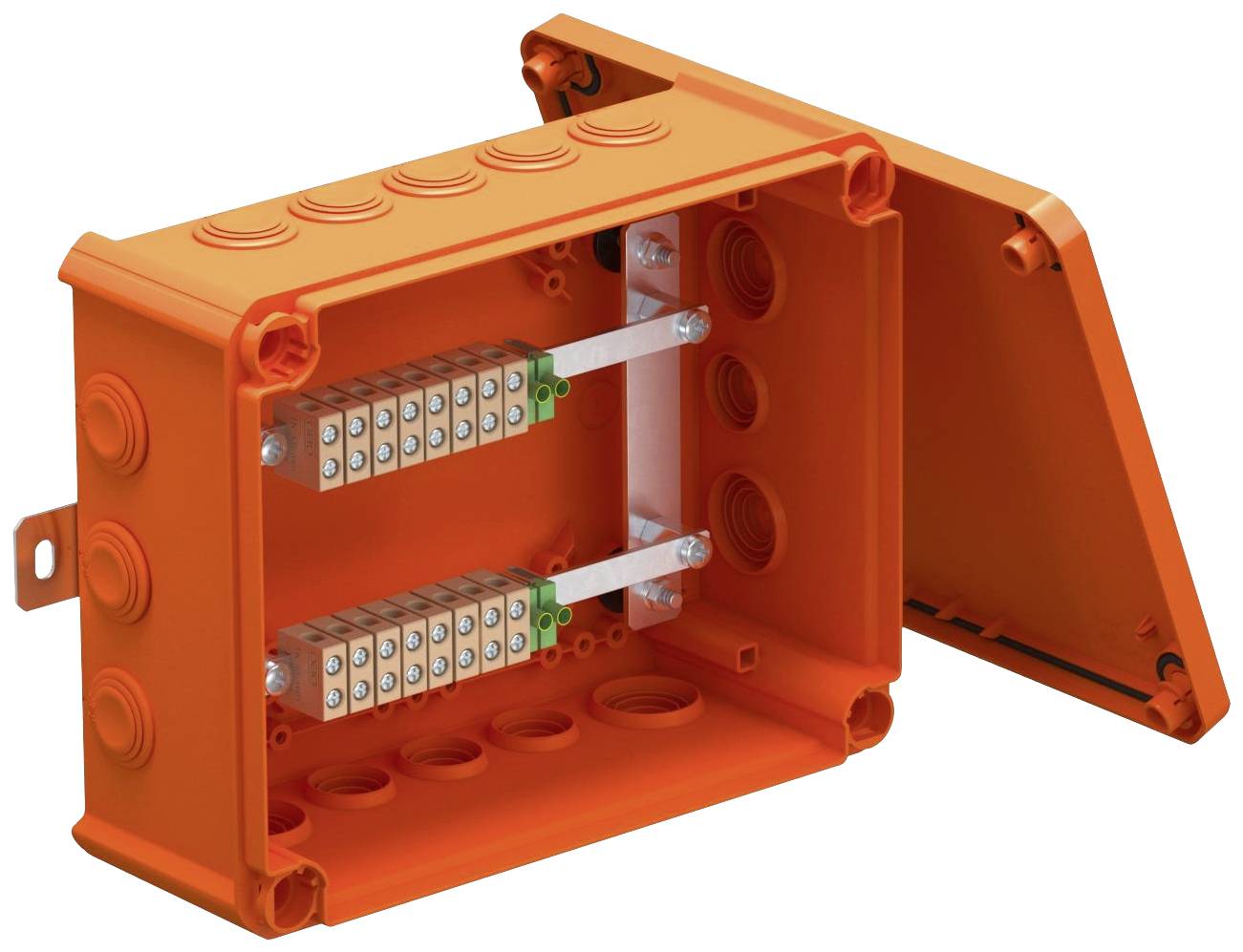 Nyitott tetejű narancssárga elosztódoboz, amely mutatja a belső csatlakozósíneket és kábelcsatornákat, elektromos telepítésekhez.
