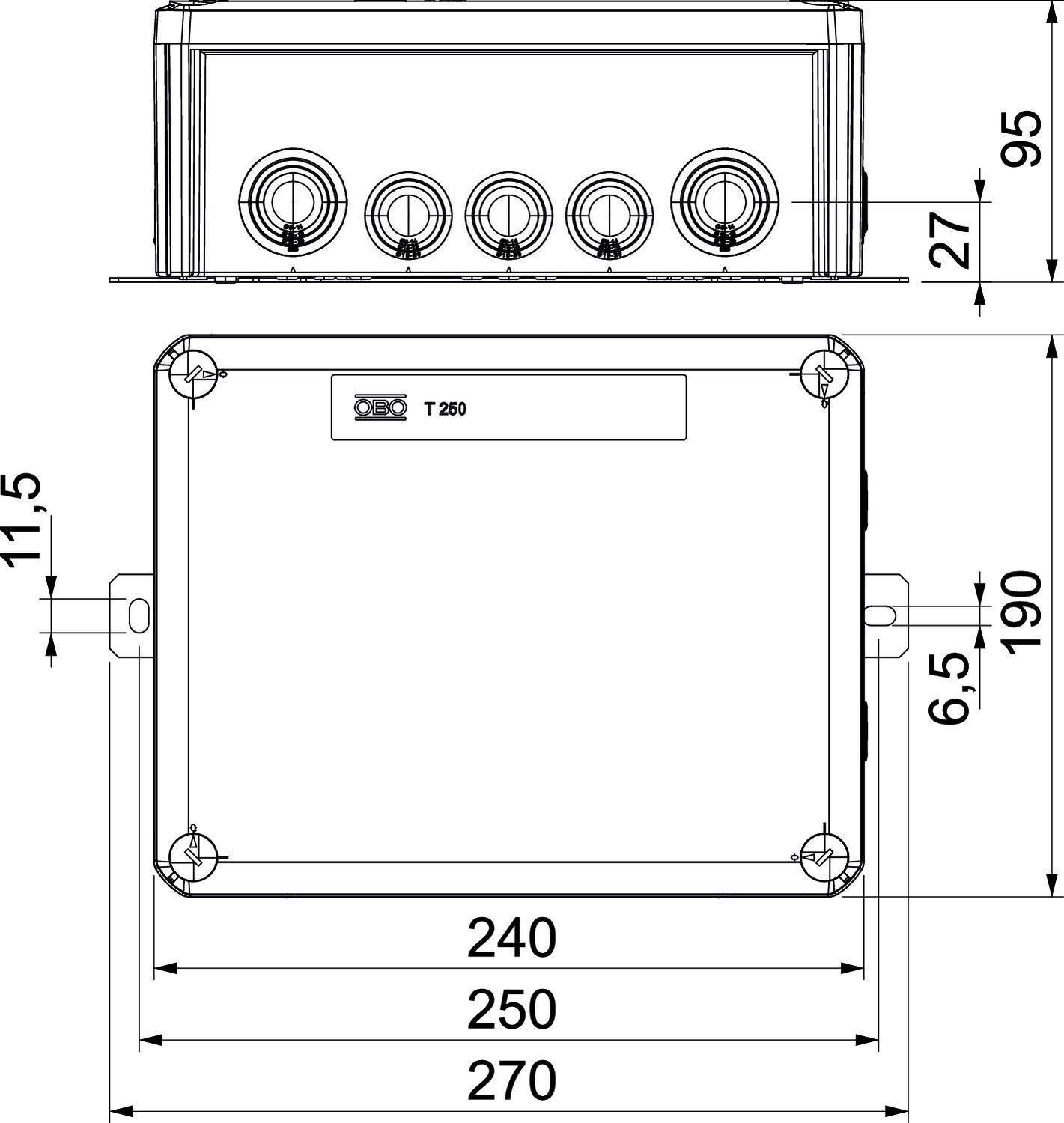 Műszaki rajz egy téglalap alakú házról a következő méretekkel: szélesség 270 mm, magasság 190 mm, mélység 95 mm. A tetején öt kábel csatlakozási pont helyezkedik el.