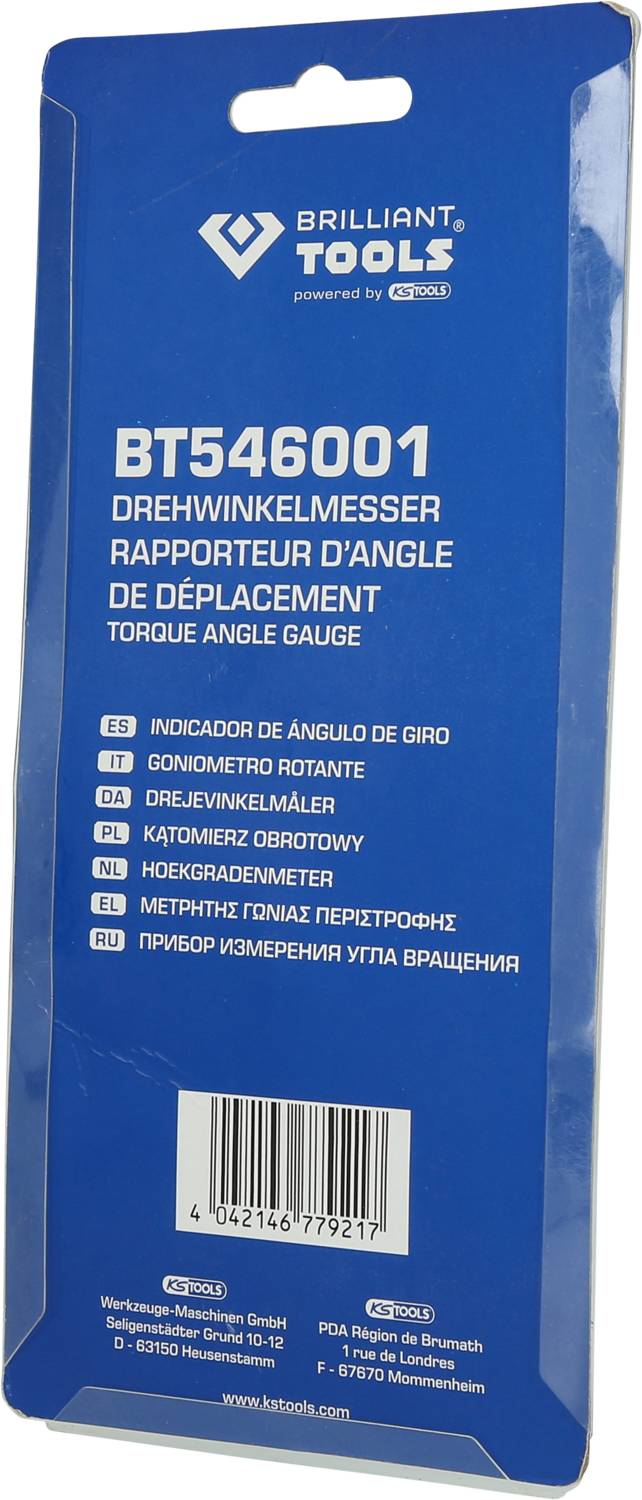 Brilliant Tools forgószög-mérő kék csomagolási címkéje. Tartalmazza a BT546001 modellszámot és a termék megnevezését több nyelven.