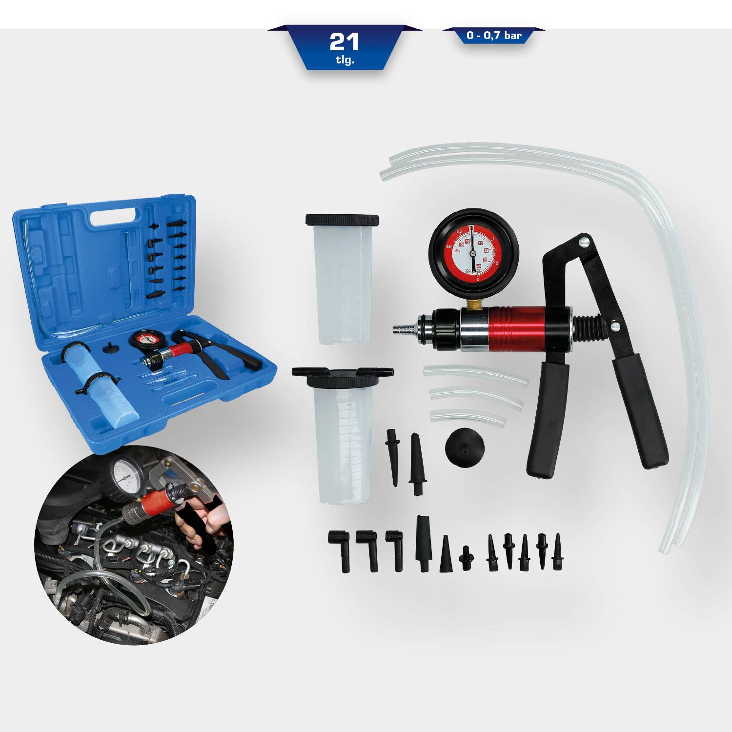 'Vákuumszivattyú szett mérőmutatóval, tömlővel és különböző fúvóka-feltétekkel. Fékrendszer légtelenítésére és tesztelésére használható.'