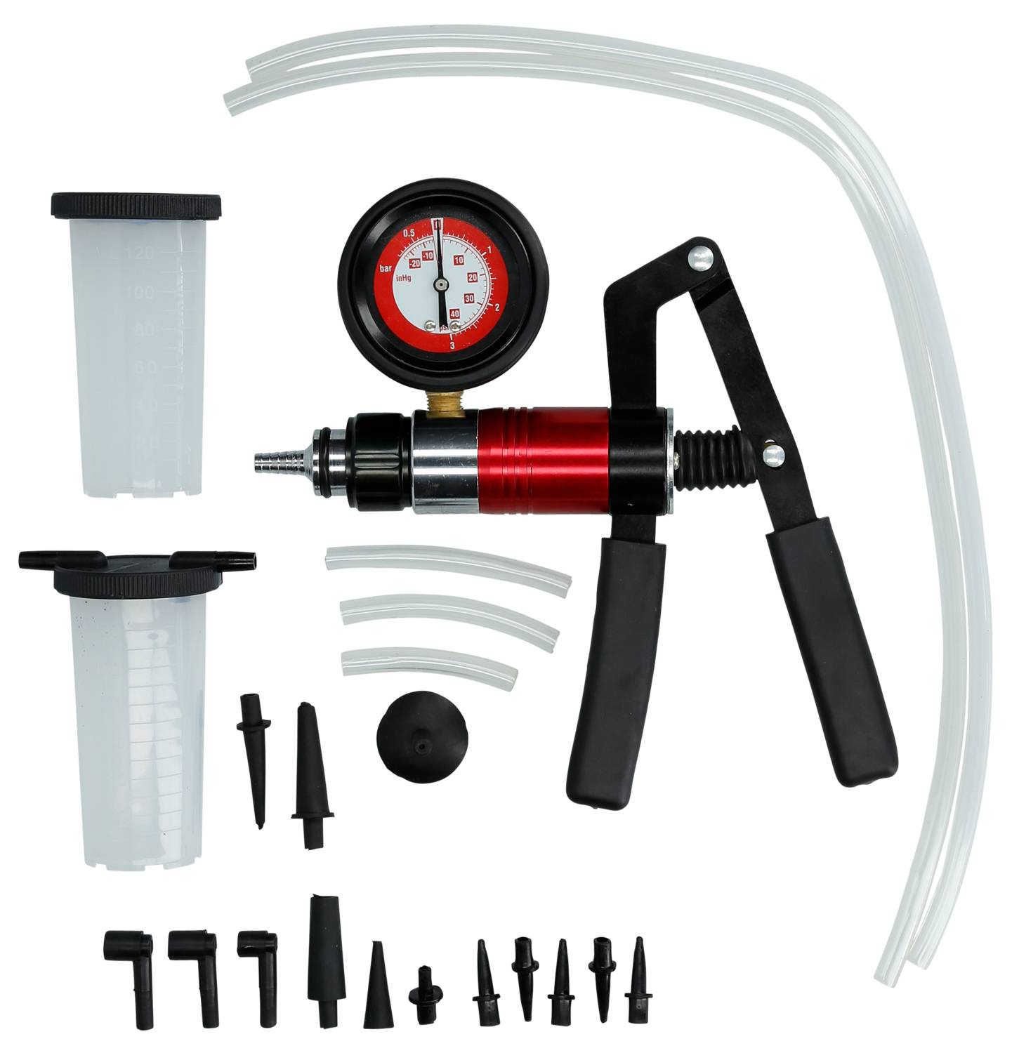 Kézi vákuumszivattyú készlet manométerrel, tömlőkkel és tartozékokkal a fékek és tengelykapcsolók diagnosztizálásához és légtelenítéséhez.