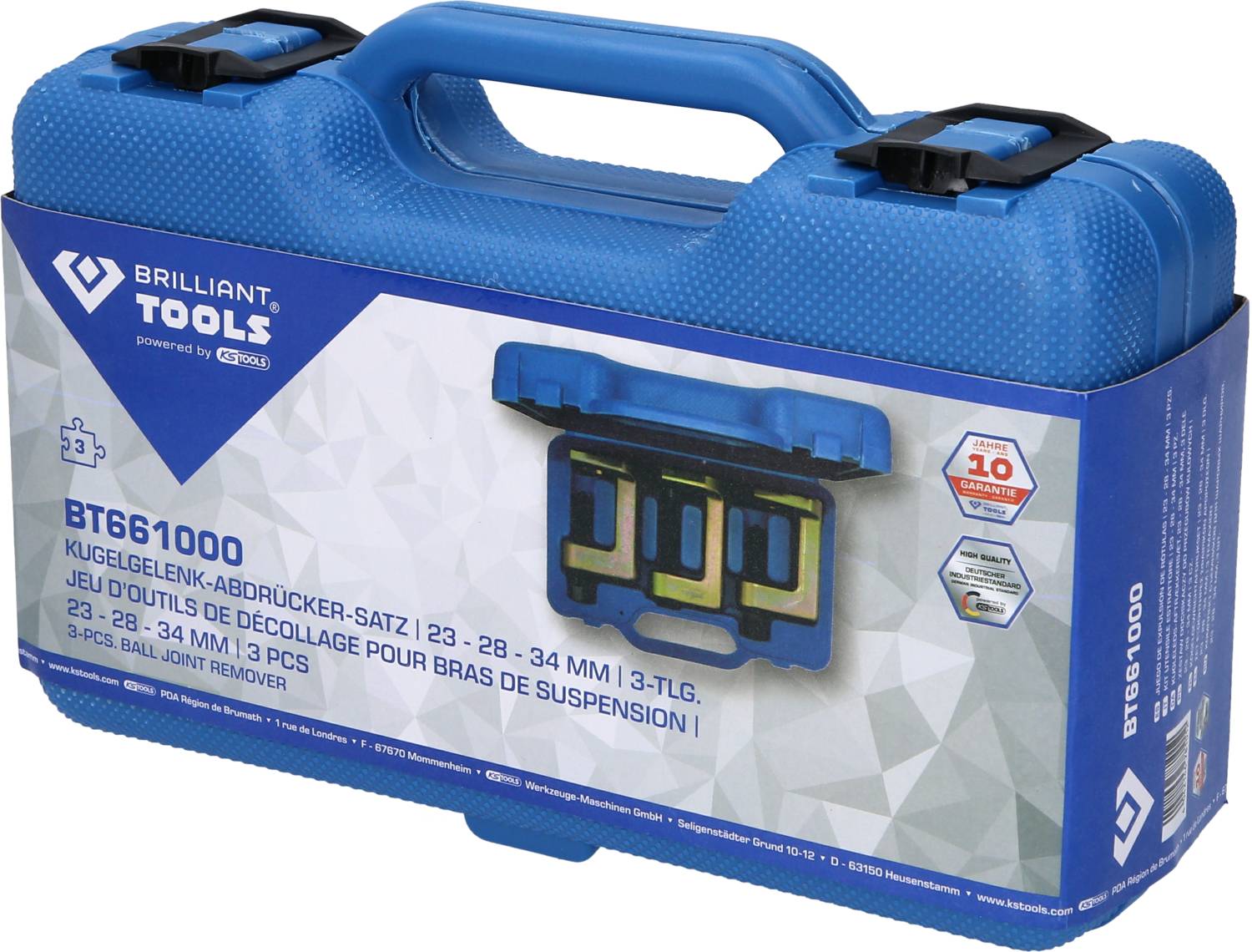 Kék szerszámkoffer 'Brilliant Tools' felirattal, tartalmaz egy 3 részes gömbcsuklós lehúzó készletet, 23-34 mm méretben.