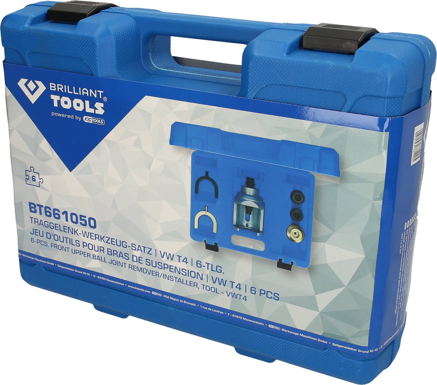 'Brilliant Tools' kék szerszámkoffer csuklós fogantyúval, 6 darabos szerszámkészlet VW T4-hez. Szerszámokat és tartozékokat tartalmaz formázott betétben.