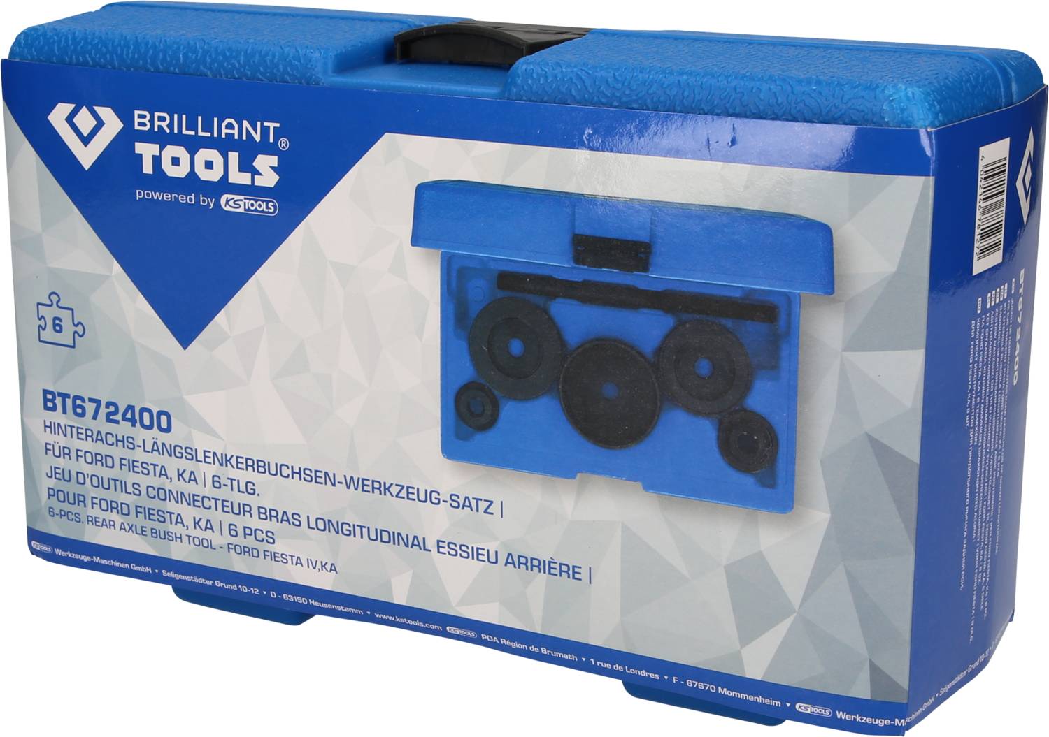 'Brilliant Tools BT672400' Hátsó tengely hosszanti lengőkar szilent szerelő készlet Ford Fiesta, Ka gépkocsikhoz, 6 darabos, kék szerszámdobozban.