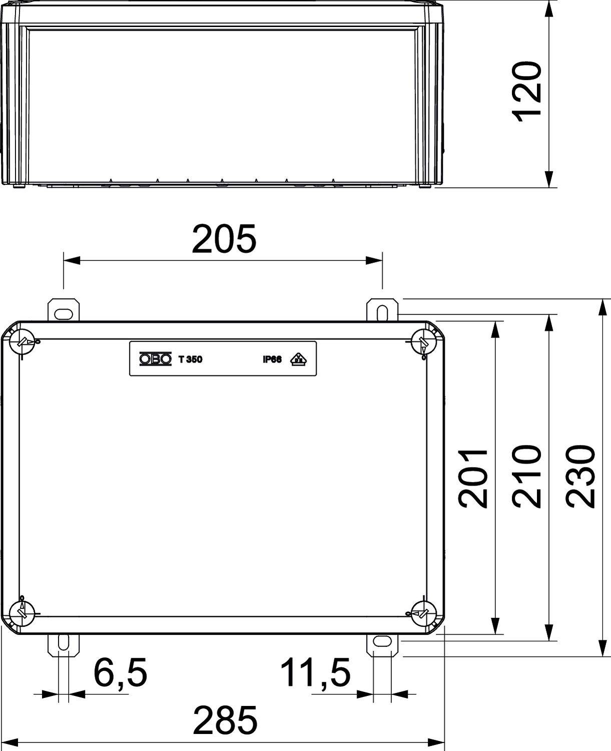 Műszaki rajz egy négyszög alakú eszközről a következő méretekkel: 205 x 120 mm (felül) és 285 x 230 mm (alul). T 350 modell, IP66 védettségi fokozat.