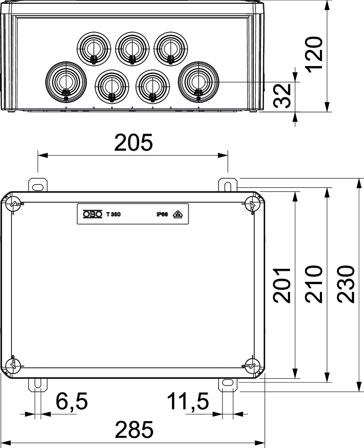 Műszaki rajz egy téglalap alakú dobozról a következő méretekkel: 285 mm széles, 230 mm magas. Hat csatlakozónyílás felül.