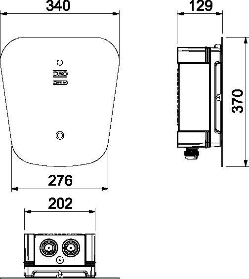 Műszaki rajz egy téglalap alakú eszközről méretekkel: 340 mm szélesség, 370 mm magasság, 129 mm mélység. Elölnézet és oldalnézet.