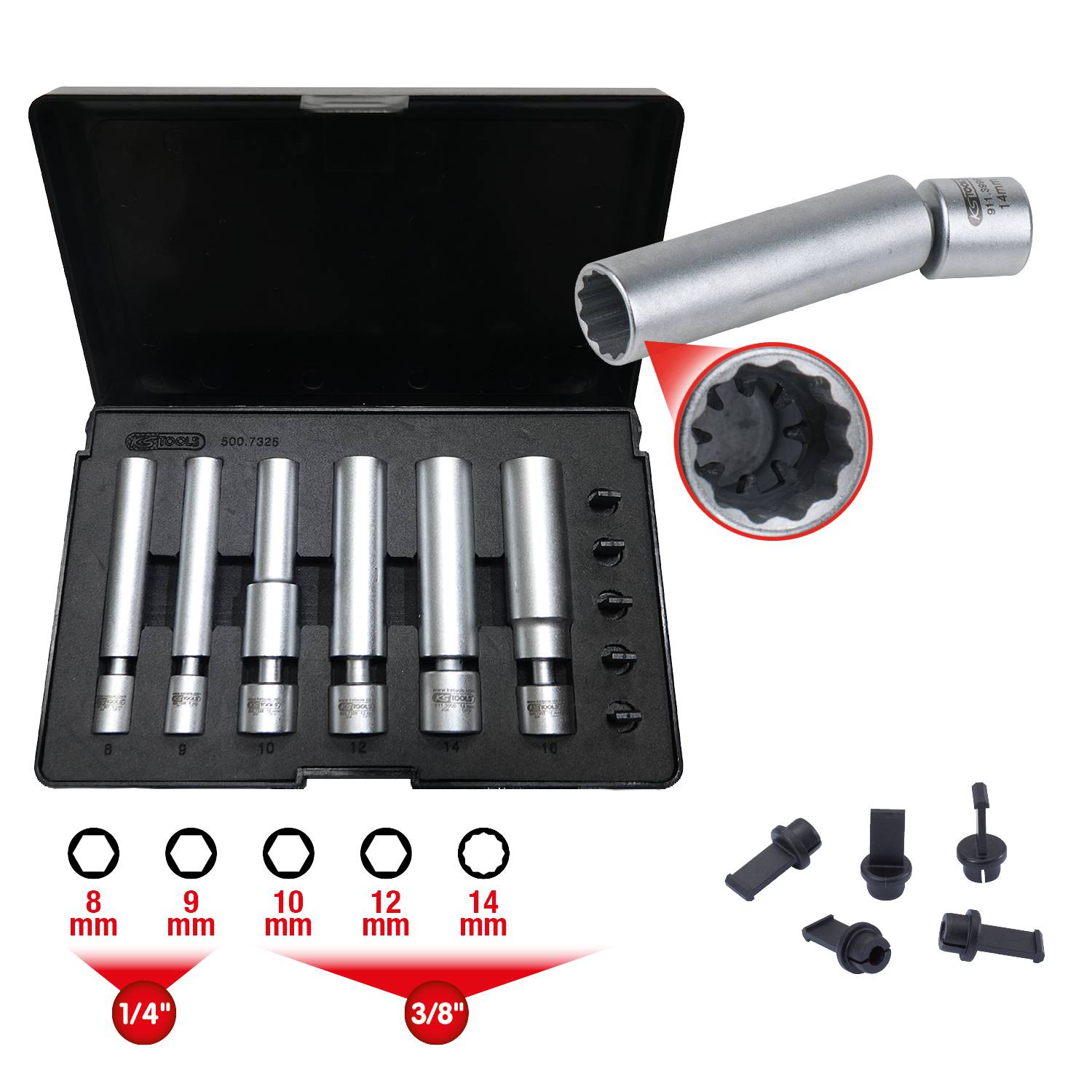 Dugókulcs-készlet hét darabbal nyitott dobozban. Minden dugókulcs más-más méretű. A jobb oldalon egy dugókulcs közeli felvétele látható.