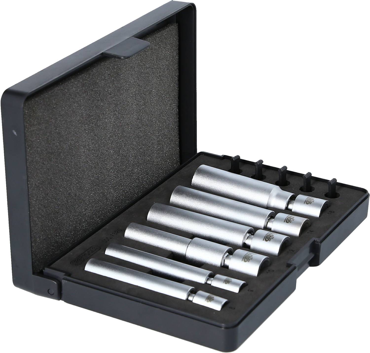 Ezüst csavarkulcskészlet fekete műanyag tokban. Hat mérettel rendelkezik, biztonságos rögzítést nyújtó habszivacs betéttel. Alkalmazható szerszámokhoz vagy gépekhez.