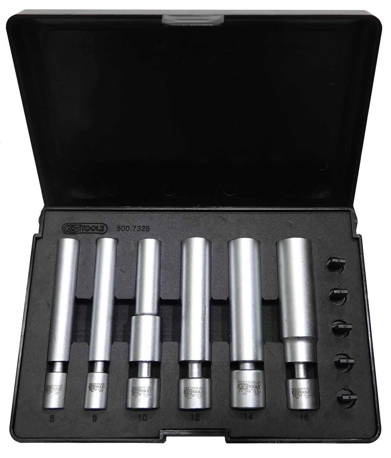 Hat darabból álló ezüstös mélységmérő eszközkészlet fekete dobozban, 8-tól 16-ig számozva, precíziós mérésekhez.