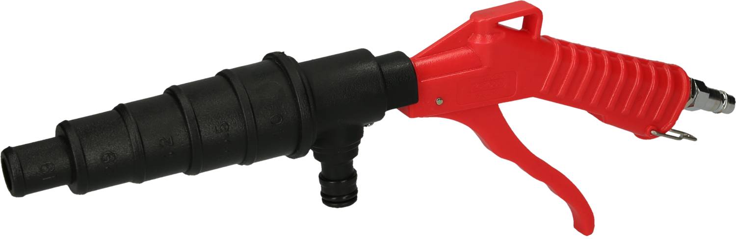 Egy piros levegőpisztoly fekete teleszkópos feltéttel, használatos tisztításhoz vagy levegős alkalmazásokhoz.