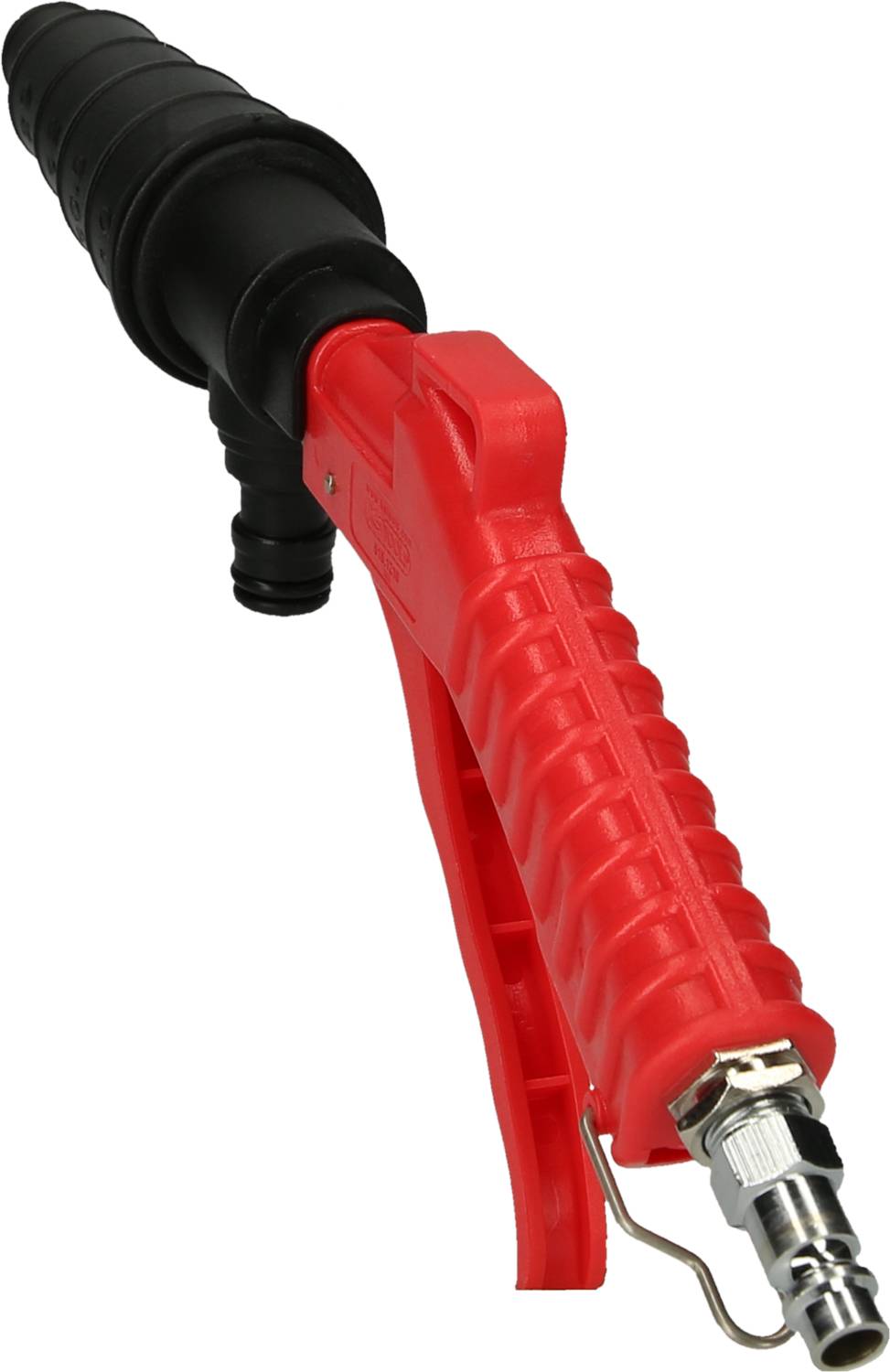 Piros levegőpisztoly fekete fúvókával és fémvezérlésű szeleppel, amelyet takarítási munkálatok során a levegőáramlás szabályozására használnak.