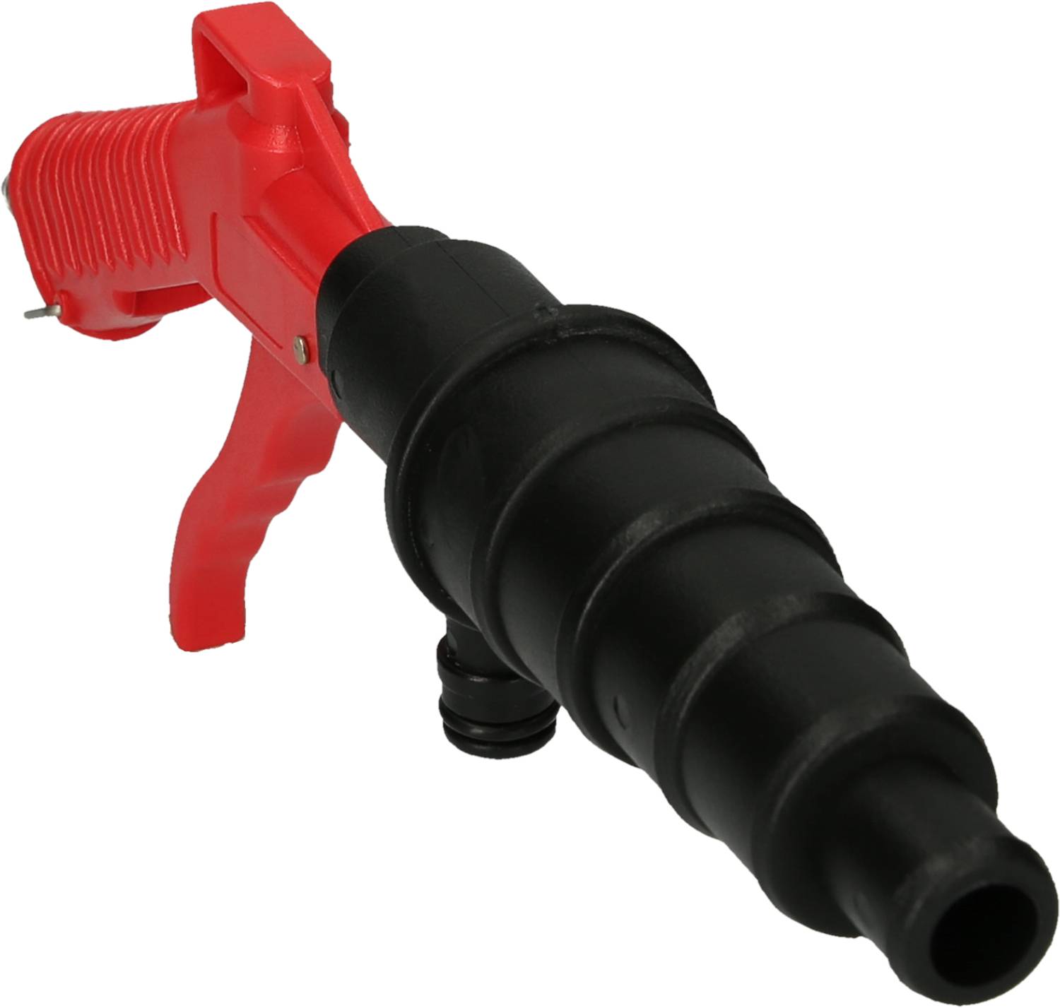 Fekete tölcsér alakú fúvóka piros fogantyúval, magasnyomású tisztítórendszerekhez használva takarítási célokra.