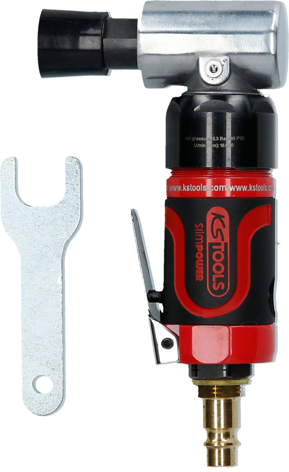 KS Tools pneumatikus sarokcsiszolói vörös és fekete színben, mellettük egy ezüst villáskulcs.