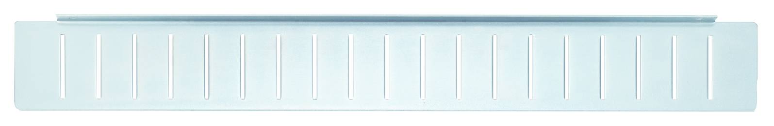 Egy fehér, téglalap alakú polc több függőleges nyílással, amelyek szellőztetési vagy design célokat szolgálnak.
