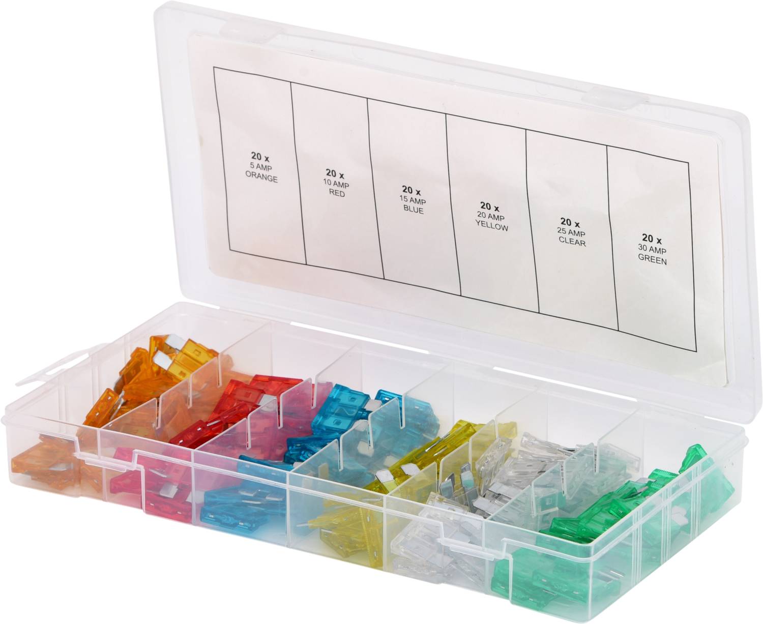 Egy nyitott műanyag doboz különböző színű biztosítékokkal, amelyek külön rekeszekbe rendezve vannak. A címke felsorolja a színeket és amperszámokat: Narancssárga 3A, Piros 10A, Kék 15A, Sárga 20A, Átlátszó 25A, Zöld 30A.