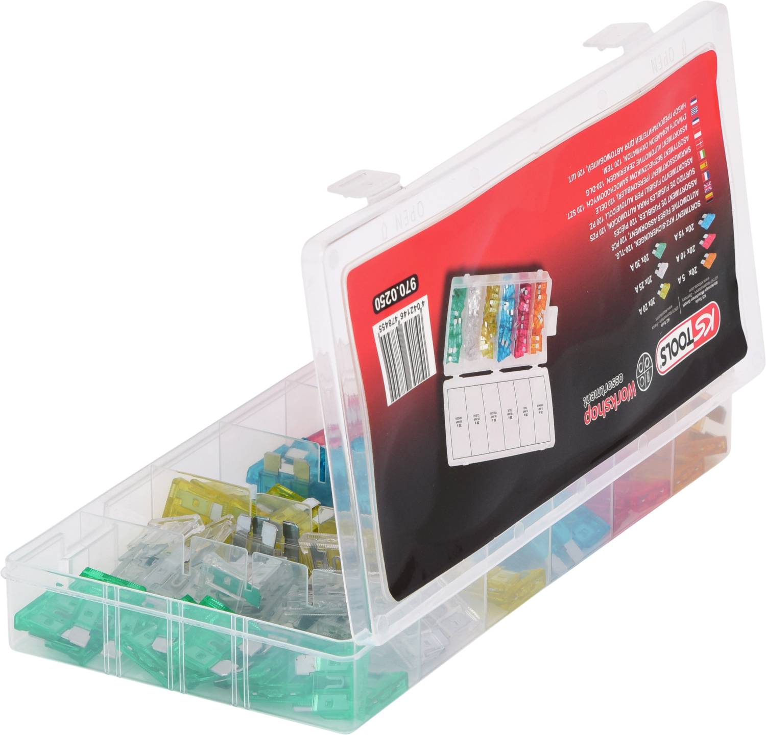 Műanyag doboz különböző színű biztosítékokkal. A felnyitott fedél egy alkalmazási diagrammot és termékadatokat mutat piros háttérrel.