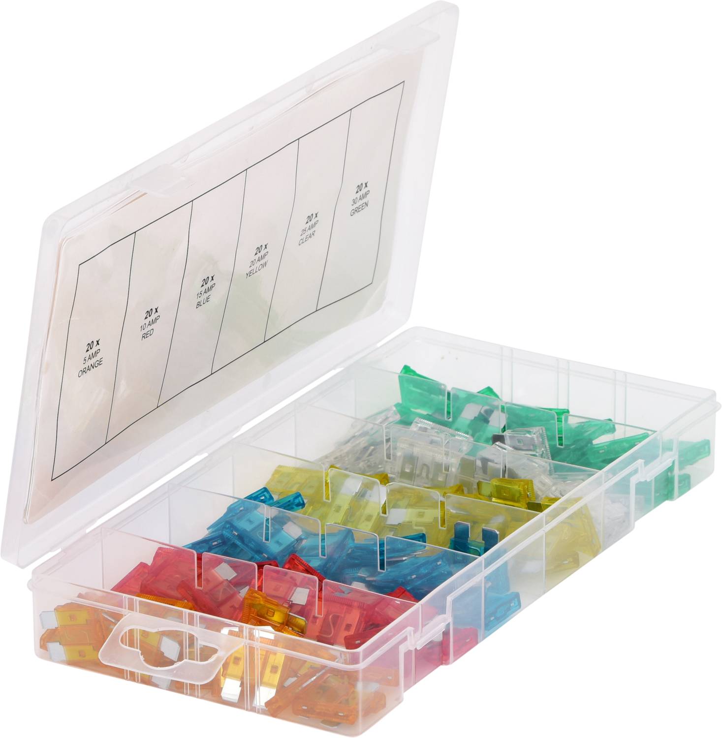 Egy nyitott műanyag doboz, amelyben különböző színű biztosítékok vannak külön rekeszekben.