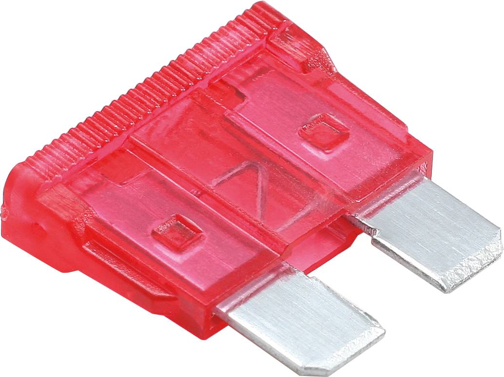 Piros lapos biztosíték, jellemzően gépjárművekben alkalmazva, két fémcsappal és műanyag házban.