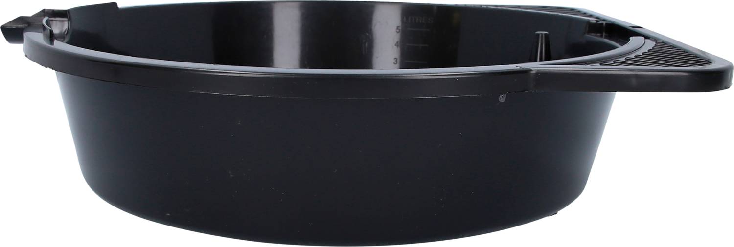 Fekete, kerek műanyag tál beépített kiöntővel. Alkalmas ételek és folyadékok keverésére vagy tálalására.