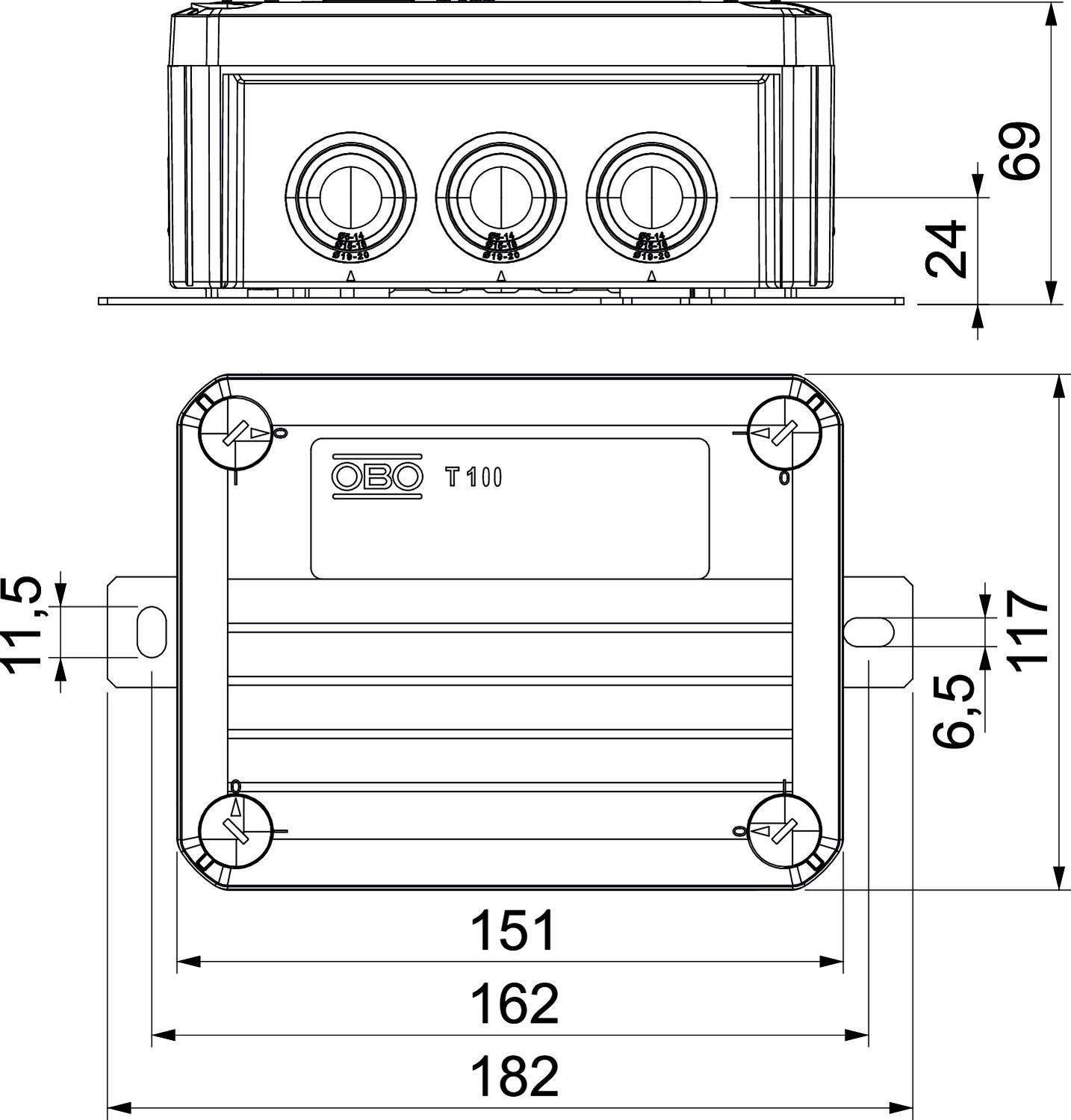Műszaki rajz egy téglalap alakú eszközről a következő méretekkel: 182 mm szélesség, 117 mm magasság. Három csatlakozónyílás felül, címke: 'OBO T100'.
