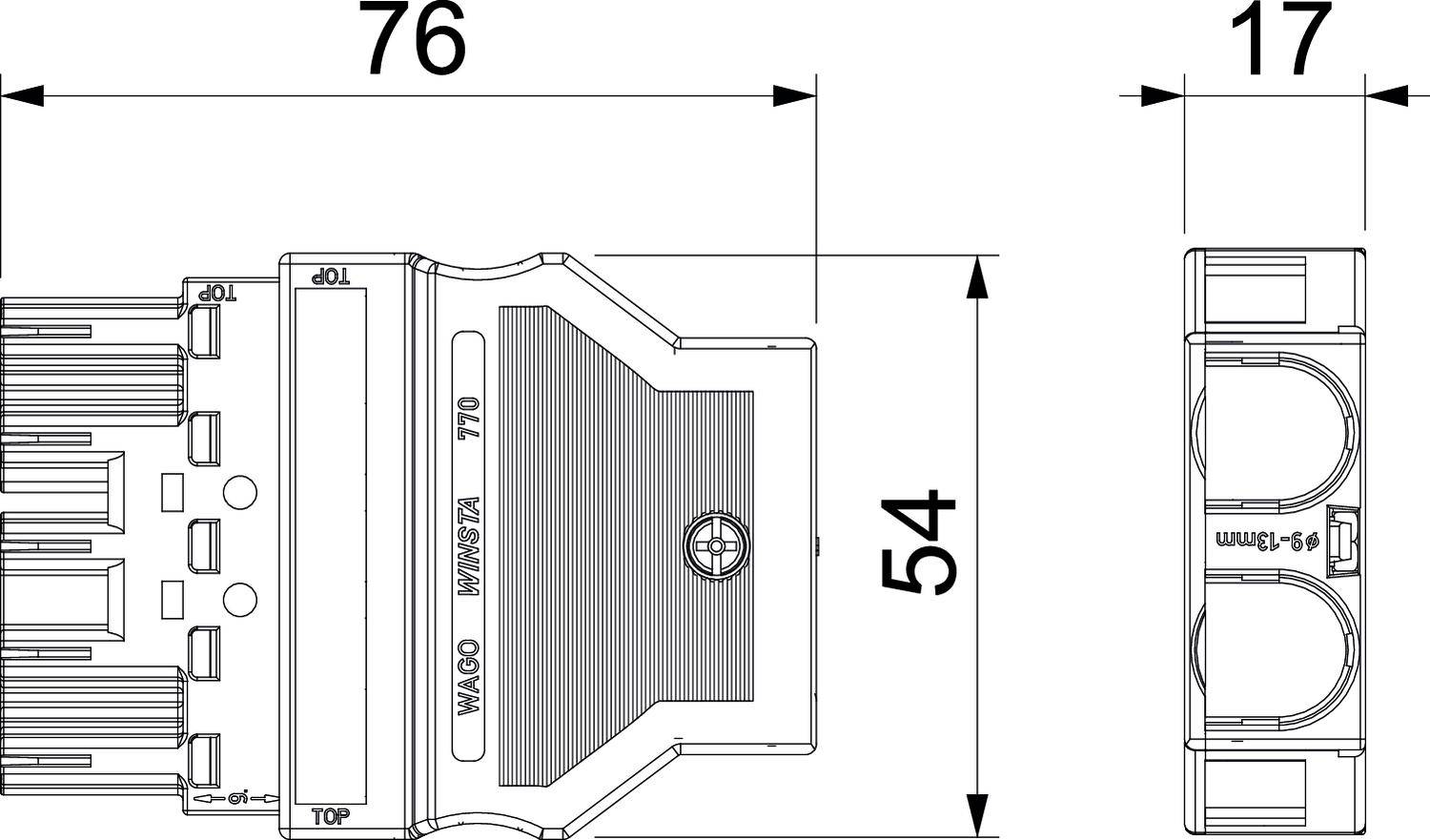 Elektromos csatlakozó műszaki rajza oldalnézetben, 76 mm, 54 mm és 17 mm méretekkel.