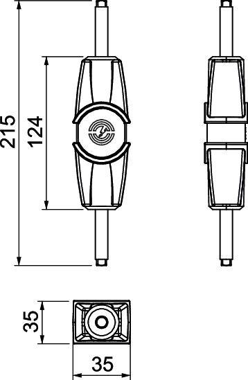 Műszaki rajz egy elektronikai komponensről méretekkel: hosszúság 215 mm, szélesség 35 mm, középső szerelési egység 124 mm.