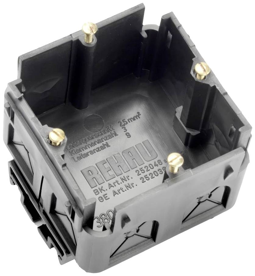 Egy fekete elektromos csatlakozódoboz rögzítőcsavarokkal, alkalmas 2,5 mm²-es kábelek csatlakoztatására; Rehau-logó látható.