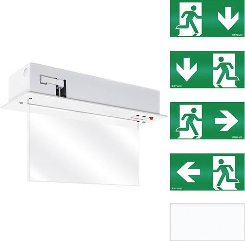 Egy vészvilágítás zöld piktogramokkal, amelyek mentési útvonalakat mutatnak különböző irányokba: egyenesen, balra, jobbra és lefelé.