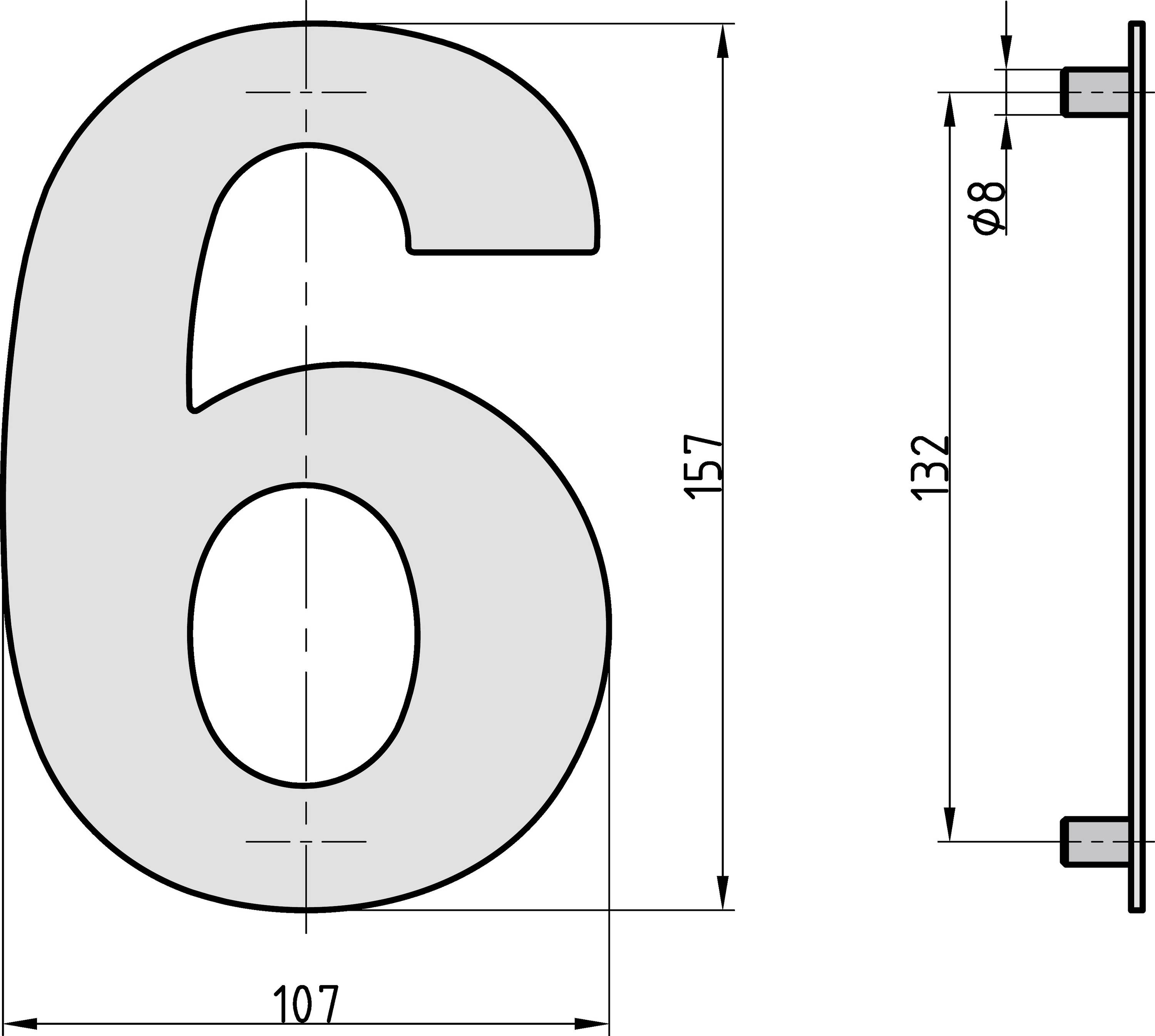 Műszaki rajz '6' számjegyről méretekkel: magasság 157, szélesség 107 és mélység 8 mm. Oldalnézet mutatja a rögzítőelemet.