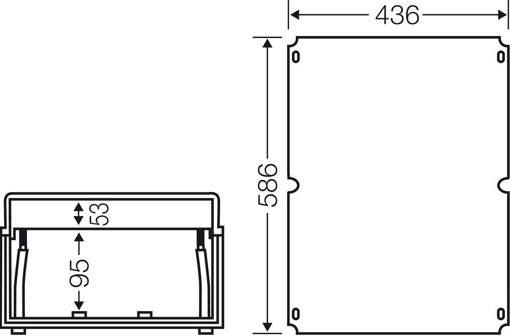 Műszaki rajz egy téglalap alakú alkatrészről a következő méretekkel: szélesség 436 mm, magasság 586 mm, mélység 95 mm, belső magasság 53 mm.