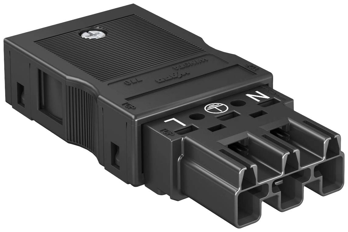 Fekete elektromos adapter három csatlakozóaljzattal és egy csavarral felül.
