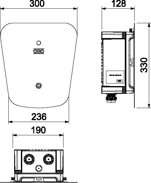 Műszaki rajz egy készülékről méretekkel: magasság 330 mm, szélesség 300 mm, mélység 128 mm. Elő- és oldalnézetet mutat.